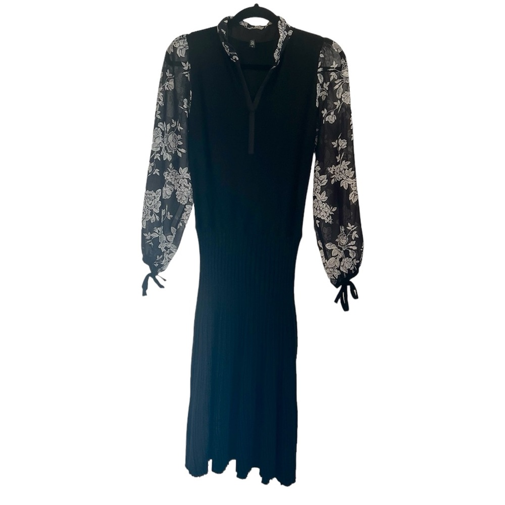 Lapis Black & White Long Sleeve Floral Midi Dress Career Wear Modest Size S
